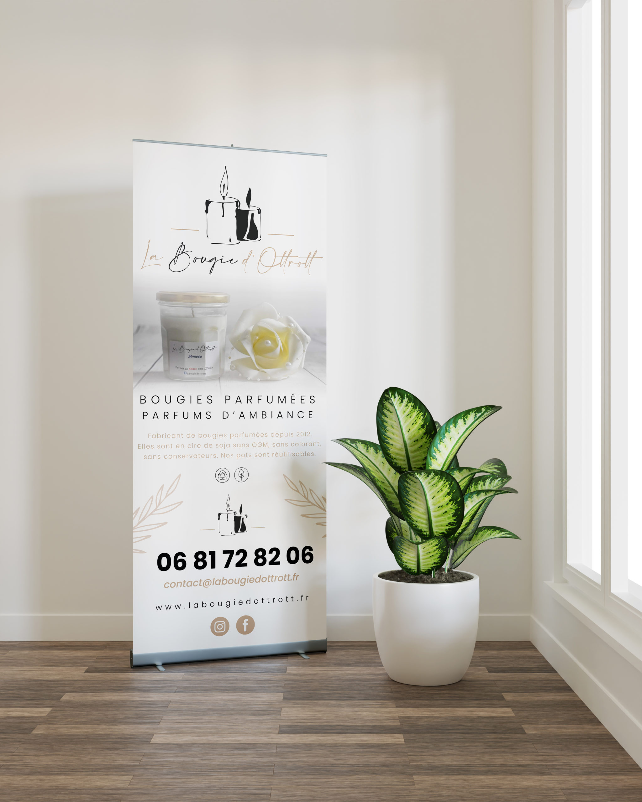 Roll up banner mockup with a plant beside the window